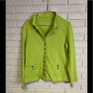 White Lotus Lime Green Button up Fringe Sweatshirt Sweater Size Small ** Flaw**